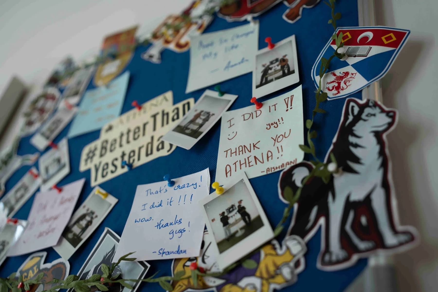 Athena's office results wall, covered in Polaroids, university crests, and handwritten thank-you notes from students