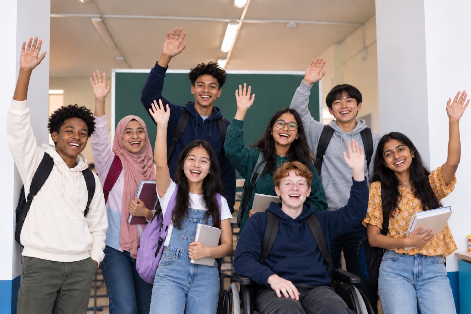 Students smiling and waving in a classroom