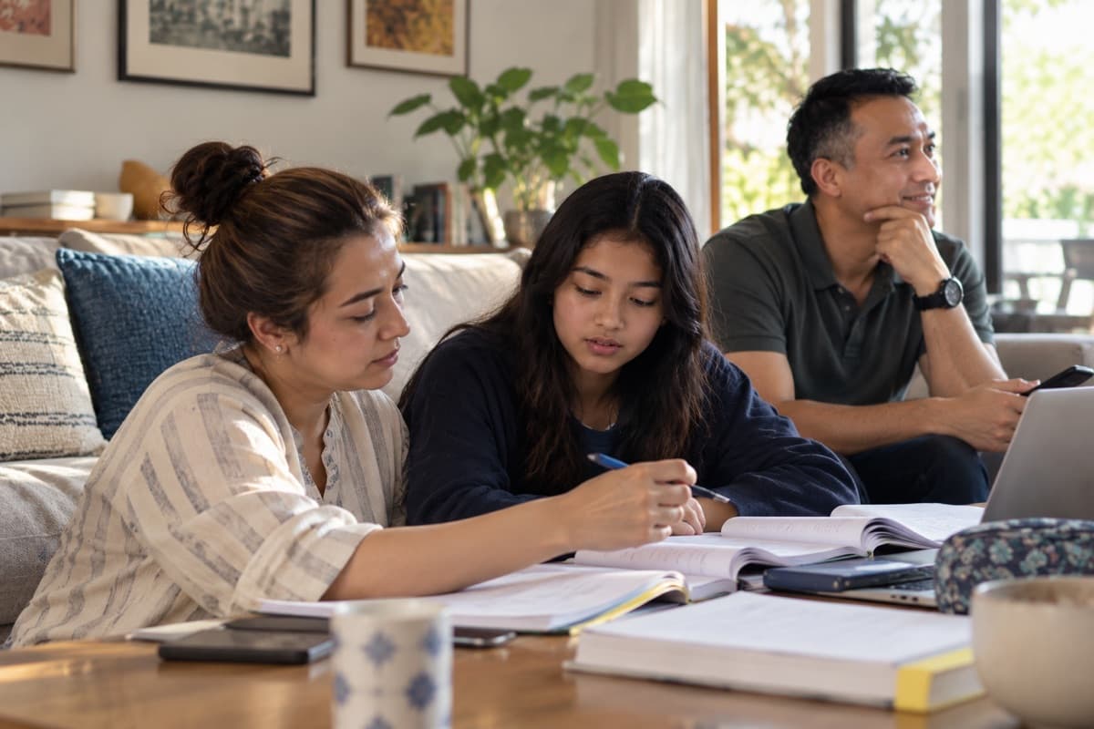 A parent and student working on college applications together at home