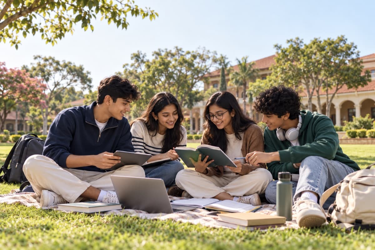 Students studying together on a campus lawn